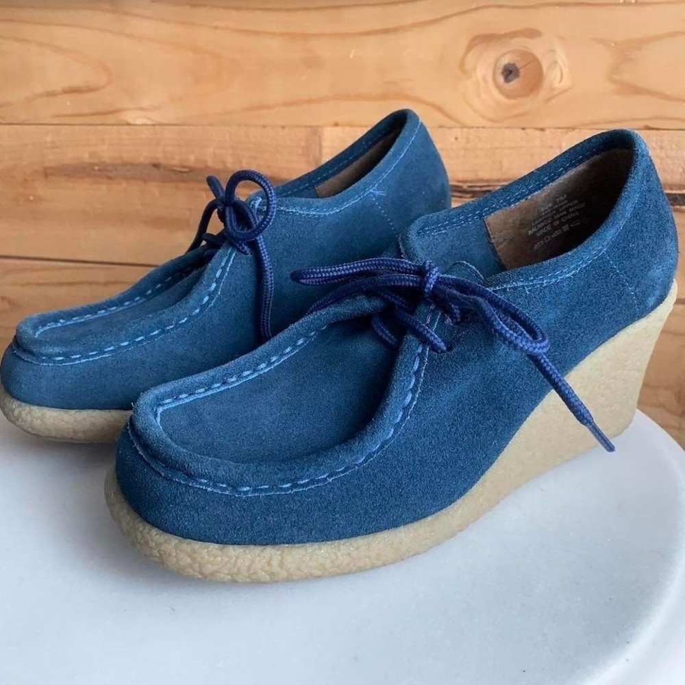 Vtg Candies Blue Leather Suede Wedge Shoes Sz 7 Square Moc Toe Y2K Lace Up